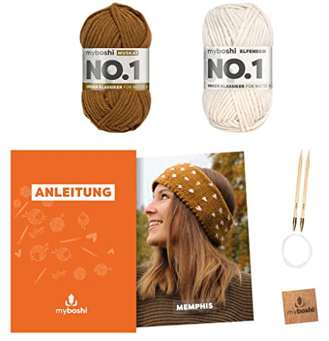 myboshi Strickset Stirnband Memphis, inkl. No.1 Wolle, Nadel und Anleitung, für Mützen und Schals, Strickpaket, 30% Merinowolle Braun, mit Rundstricknadel