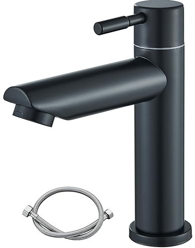 Rozin Kaltwasserhahn Gäste WC Schwarz Wasserhahn Bad Kaltwasserarmatur Kleine Armatur nur Kaltwass Edelstahl Einhebelmischer mit 60cm Anschlussschlauch für Gäste WC Bad