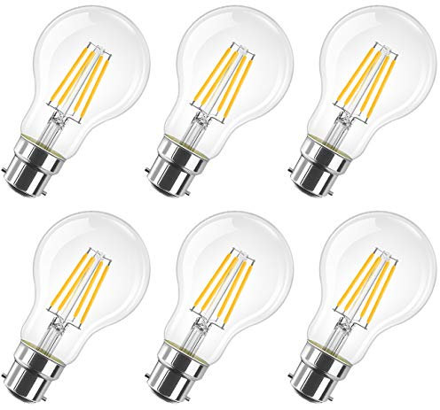 LVWIT B22 LED Filament Bayonet Bulb, 6.5W GLS Energy Saving Bulbs, Retro Glass A60 LED Bulbs,60W Equivalent, 806Lm, 2700K Warm White A60 Clear Filament Bayonet Cap,Non-dimmable (6 PCS)