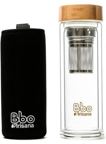 Irisana - Botella de Agua - 400 ml - Transparente - 8,5 x 8,5 x 22,5 cm - Taza Térmica Infusora - Tapa y Filtro para Infusiones y Mate - Colección Bbo