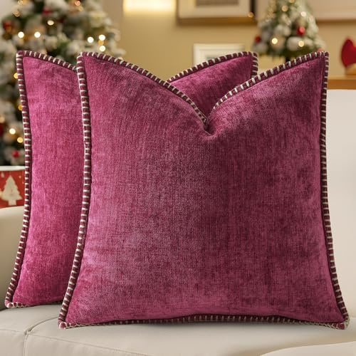 decorUhome Chenille Soft Cozy Throw Pillow Covers 20x20 Set of 2, Modern Farmhouse Boho Velvet Decorative Pillow Cases with Stitched Edge for Couch Sofa Bed Home Decor, Rhododendron
