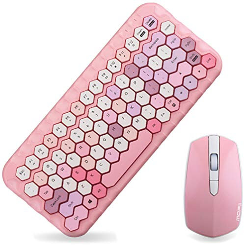 ANGUYA Wireless 2.4 GHz Mini Keyboard and Mouse Combo, honeycomb Key Caps, Pastel Pink, Blue, Green (Pink)