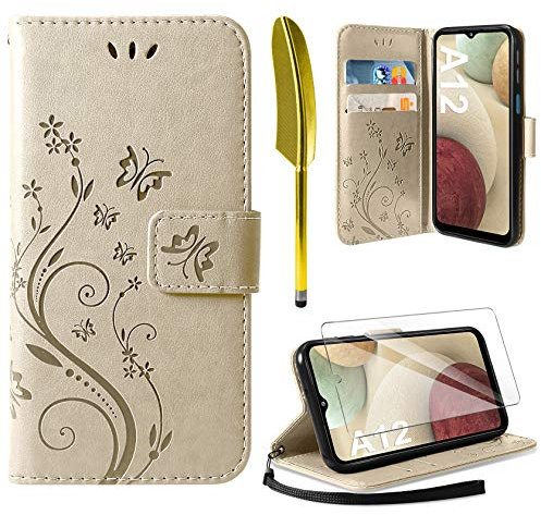 AROYI Lederhülle Kompatibel mit Samsung Galaxy A12 / M12 Hülle und Schutzfolie,Flip Wallet Handyhülle PU Leder Tasche Case Kartensteckplätzen Schutzhülle Kompatibel mit Samsung Galaxy A12 Golden