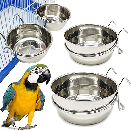 BPS-11130 Lot de 2 gamelles en acier inoxydable avec crochet pour oiseaux 4 tailles