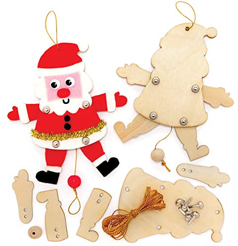 Baker Ross FE901 Santa Handpuppen aus Holz - 5er Pack, Bastel deine eigenen Holzpuppen, Holzbastelset für Kinder zum Zusammenbauen und Dekorieren