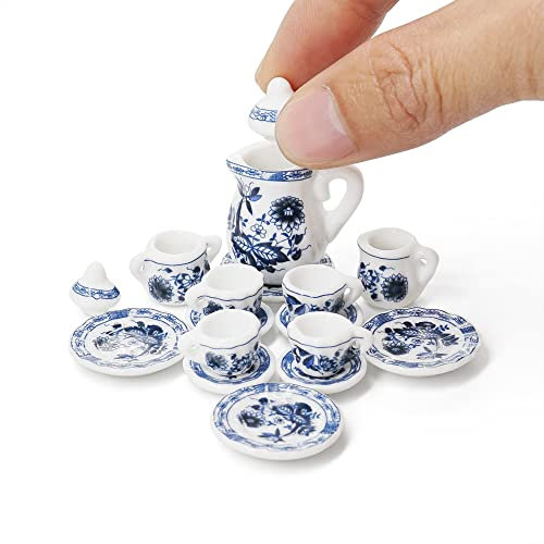 Odoria 1/12 Miniatur Teeservice Porzellan Geschirr Puppenhaus Küche Zubehör, Blauer Lotus
