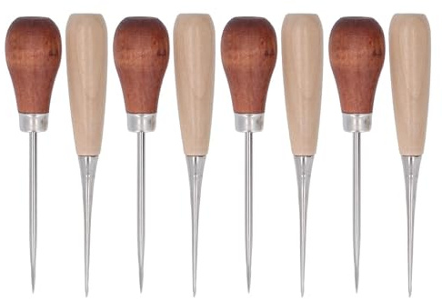 Set 8 Pezzi Punteruolo da Cucito con Manico in Legno, Attrezzo Multifunzionale per Pelle, Sartoria, Riparazione, DIY