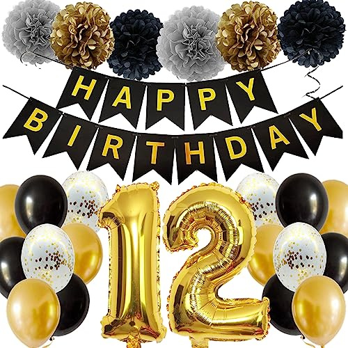 Feelairy Ballons 12. Geburtstag Deko Mädchen, Schwarz Gold Geburtstagsdeko 12 Jahre Junge, Happy Birthday Deko Konfetti Luftballons Deko 12 Geburtstag Mädchen Junge 12 Geburtstag Deko Kinder