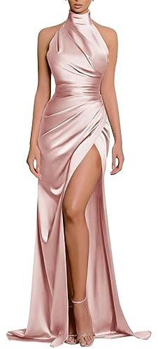 Robe de demoiselle d'honneur sirène licou pour femme, longue robe de bal en satin avec fente plissée robe de soirée formelle, rose, 56