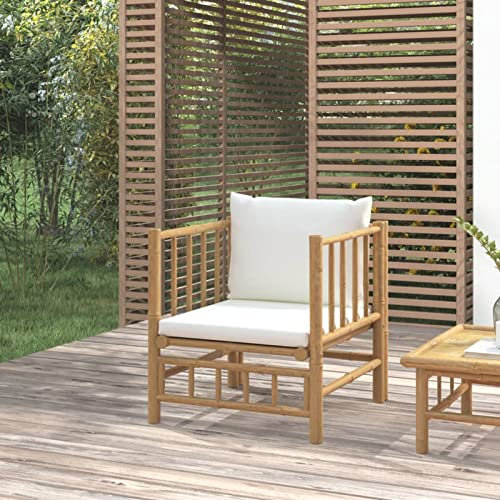 Homgoday Fauteuil de jardin en bambou avec coussin blanc crème