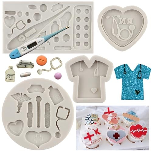 MYPRACS 4 Stück Medizinische Geräte Silikonform Stethoskop Fondantform | Krankenschwester Thema Fondantform Krankenschwesterhut Verband Thermometer Schokoladenform für Cupcake Kuchendekoration