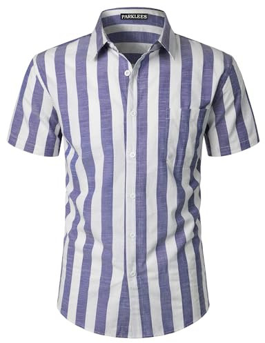 PARKLEES Camicia estiva da uomo casual in cotone e lino a righe con bottoni a maniche corte, A righe viola, S