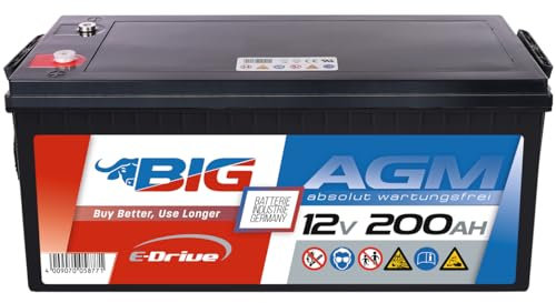 BIG E-Drive AGM Traktionsbatterie: Ideal für Rehatechnik, E-Scooter, Außenborder, Hebebühnen, Fördertechnik, Aufzüge, Robotik, FTS, Industrie, DC-Stromversorgung (12V - 200Ah)