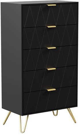 GOOBUY Kommode mit 5 Schubladen,Sideboard,Schubladenschrank,Aufbewahrungskommode,Wohnzimmer, Flur, Kommode Holz, 60 x 34 x 110cm,schwarz