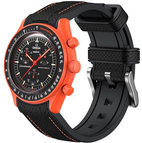 Armband für Omega x Swatch MoonSwatch 20mm, weiche Silikon Omega X Swatch Moonswatch Speedmaster Ersatzband ohne Lücken, gebogenes Moonswatch Swatch Armband für Männer Frauen (Schwarze orange Linie)