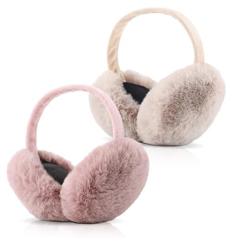 CHENKEE 2 Pièces Cache Oreilles Femme Réglable et Pliable, Hiver Cache Oreilles en Peluche pour Femme Doux Chauds Protection Contre Cache Oreilles pour Filles Femmes Adultes (Beige Rose)