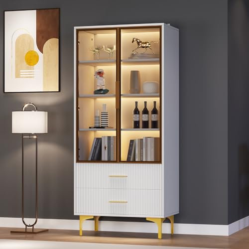 soges Glasvitrine mit LED-Beleuchtung, Vitrineshrank mit 2 Schubladen, 2 Glastüren, verstellbaren Einlegeböden Hochschrank, Standvitrine für Wohnzimmer, Weiße 70 x 35 x 150 cm