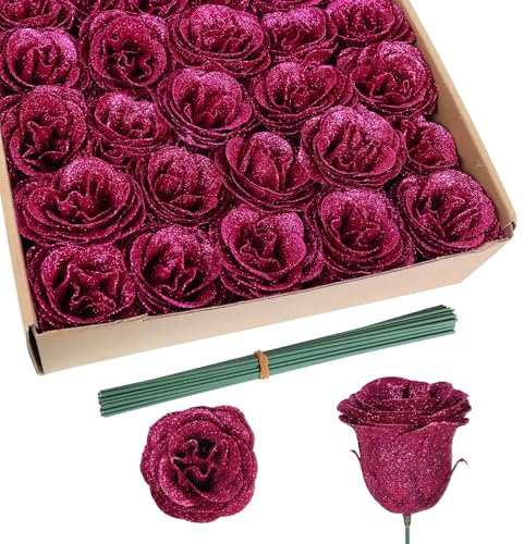 Rzoukler Glitzer-Blumen, künstliche Rosen mit Stielen, Seidenrosen, künstliche Blumen zum Basteln, Hochzeitsstrauß, Heimdekoration (Rosenrot), 30 Stück