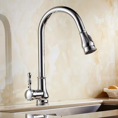 ANWEALTH Grifo Monomando Vintage Grifo de Cocina Fregadero con Rociador Extraíble y Caño Giratorio para Agua Fría y Caliente Cromado Mezclador de Fregadero Cocina