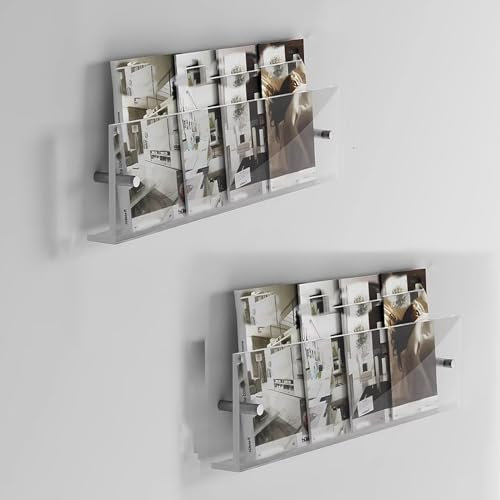 Portariviste in acrilico trasparente, montaggio a parete, confezione da 2, per soggiorno, bagno, camera dei bambini, formato A3, A4, A5, A6, porta banconote, buste portadocumenti, 65 cm