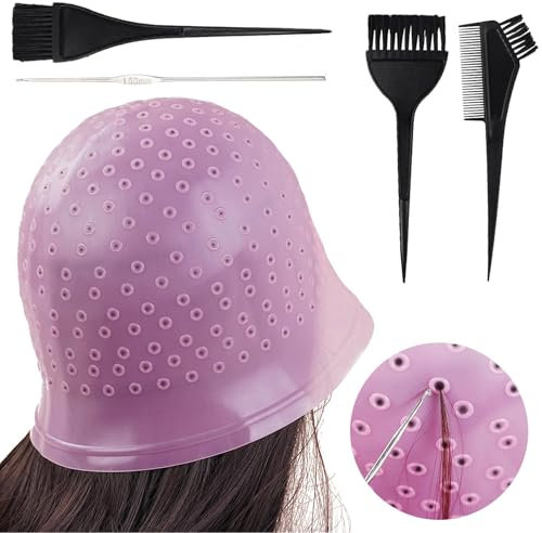Scettar Rosa Cuffia per Meches con foro perforato, con pennelli e ago, Cappucci in silicone per tinture per capelli, Cuffia Meches per Tintura Colorazione (Rosa)