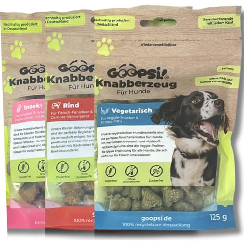 GOOPSI Hundeleckerli 3er Pack Probierpaket (Rind, Vegetarisch, Insekt) 125g - Hundeleckerli getreidefrei & ohne Zucker, Hundefutter leckerlis Hund, Hundtraining Snack aus Deutschland