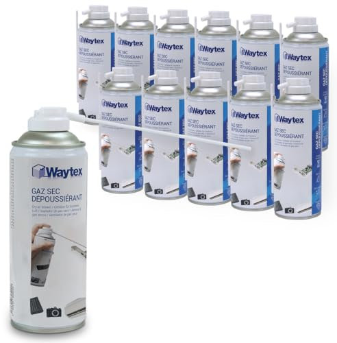 Waytex Lot de 12 Dépoussiérants Spray Air sec 400ml Ultra Puissant 5 bars, Bombes d’Air Comprimé Nettoyant pour PC, Clavier, Appareil Photo et Composants électroniques, avec buse précision