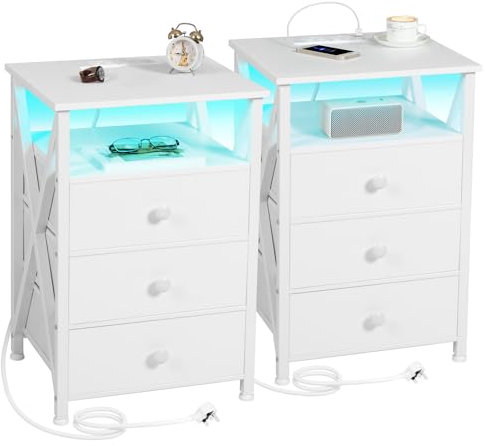 AMHANCIBLE Bedside Table Set of 2 with Charging Station, Side Table with Led Lights, Bedside Cabinet with 3 Fabric Storage Drawers, End Table, Sofa Side Table, Nightstand for Living Room HET053LWT