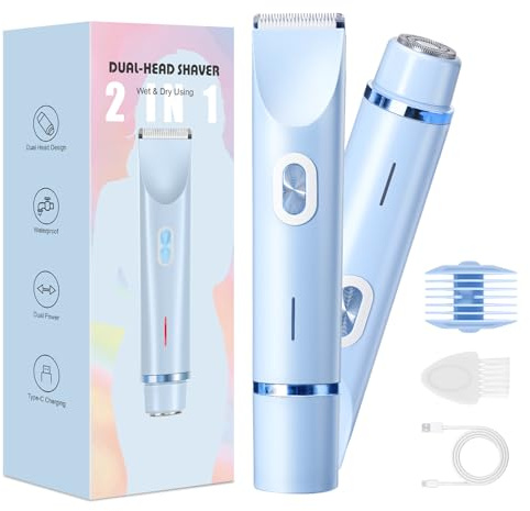 Rasierer Damen,2-in-1 Doppelkopf Intimrasierer für Frauen mit USB-C-Laden, Damenrasierer Elektrisch für Gesicht, Beine und Arme, Bikini trimmer mit Wasserdichter Trimmerkopf, Leicht zu Reinigen(blue)