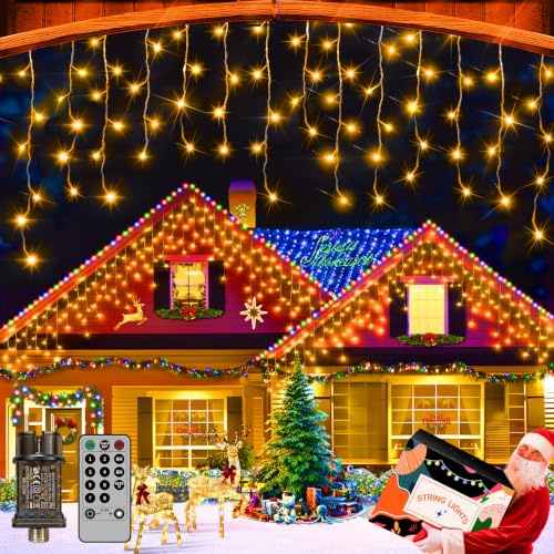 XURISEN 20M 640 LED Weihnachts Eisregen Lichterkette Warmweiß 4-5-7 Eiszapfen Timer 8 Modi IP44 Wasserdicht für Traufe Garten Vorbau