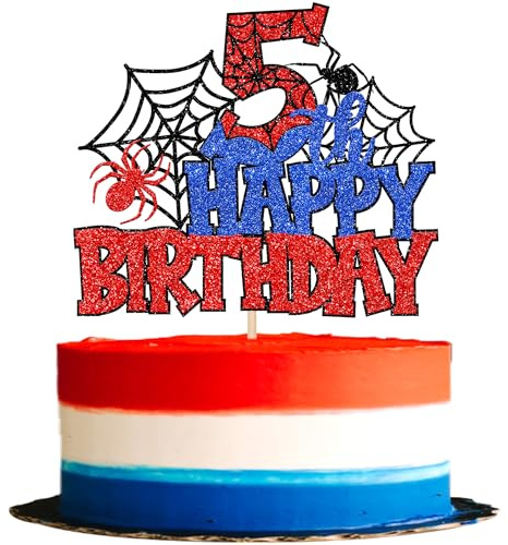 SYKYCTCY 1 Pack Spider Happy 5th Birthday Cake Topper Glitter Spooky Party Cake Picks for Spider Theme 5th Birthday Baby Shower Boys Girls Kids Party Supplies