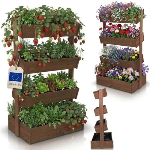 MODO24 Holz Blumenregal Vertikal 4 Ebenen 146x82x57 cm Braun Imprägniert | Pflanzenregal & Pflanzentreppe für Outdoor & Indoor. Wetterfester Pflanzenständer, Etagere für Blumentöpfe, Garten & Balkon