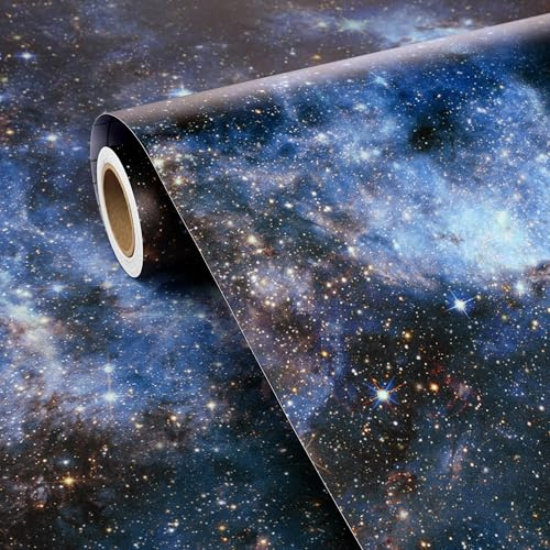 FunStick Dark Blue Star Wallpaper Peel and Stick Mystical Galaxy Pattern Vinyl Wrap for Bathroom Bedroom Waterproof Cosmos Outer Space Galaxy Wallpaper Black Blue Sticky Back Plastic Pattern 44.5CMx3M