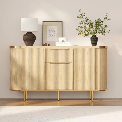 Caldion Sideboard mit 3 Türen und 1 Schublade Kommode für Wohnzimmer Küchenschrank Küchenschrank Sideboard mit Schubladen Natürliche Holzfarbe 140x38.9x80cm
