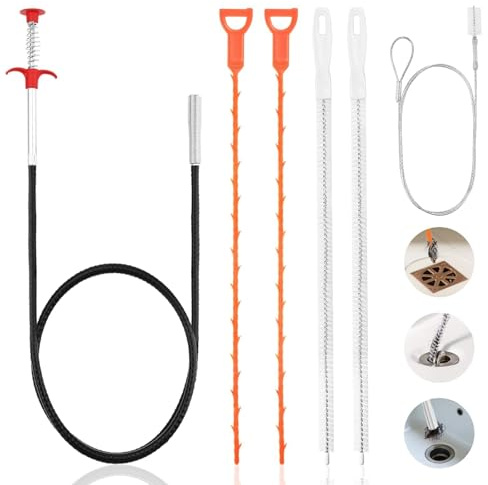 Nasxkji Lot de 6 Déboucheur Canalisation – Pince Déboucheur 1,6 m, Drain Snake, Brosse de Nettoyage Canalisation et Goupillon pour Cuisine, Salle de Bain, Douche, Réfrigérateur