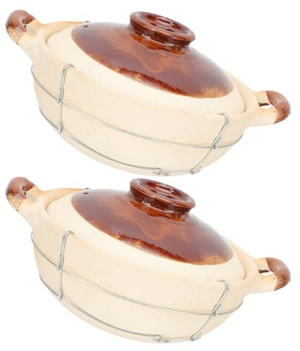 Amosfun Olla de Barro Pequeña Persona con Mango, Cazuela Resistente al Calor de Arcilla para Horno y Estofado, Utensilios de Cocina de Barro para Arroz y Guisos, Juego de 2 Piezas, 0.5l,