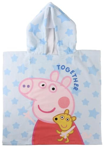 The Geeky Pop Peppa Wutz Together & Forever Kapuzenponcho Strand – 55x110 cm – Kinder – Leicht & Schnelltrocknend - Offizieller Peppa Wutz Kapuzenponcho