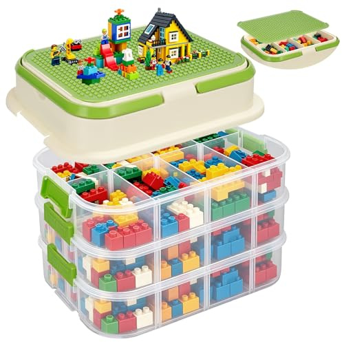 ZgoEC Toy Storage Boxes with Lids for Lego, 4-Tier Stackable Storage Box | with Building Plate Lid & Adjustable Compartments, Transparent Plastic Organiser Bin for Building Blocks Bricks Puzzle