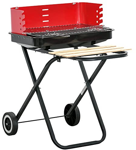 Outsunny Charcoal Trolley BBQ Barbecue Grill Patio Camping Picnic Garden Party Outdoor Cooking with Windshield and Wheels Side Trays, Black/Red
