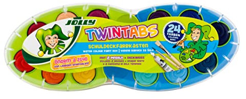 JOLLY TwinTabs Deckfarbkasten, 24 Farben inkl. 2 Pinsel & Deckweiß, Malpalettenfunktion, Click-Technik, Ideal für Schule und Hobby