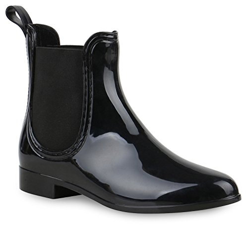 Damen Stiefeletten Chelsea Boots Gummistiefeletten Lack Gummistiefel Regen Schuhe 121284 Schwarz Schwarz 41 Flandell