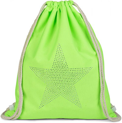 styleBREAKER Turnbeutel mit Strass Stern Applikation, Glitzerstein Rucksack, Beutel, Unisex 02012123, Farbe:Neongrün