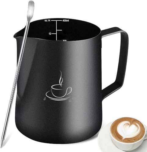 DELERKE Milchkännchen Edelstahl [Black Matt] | Rostfreie Milchkanne Edelstahl für Latte Art | Barista Milchkännchen Teflon beschichtet schwarz 400 ml Milchkrug für Cappuccino