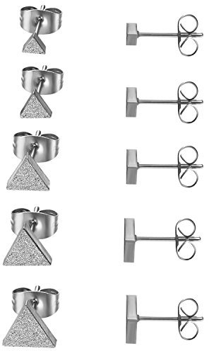 JewelryWe Dreieck Ohrstecker Damen Edelstahl: 5 Paar Kleine Ohrstecker Set gebürstet Triangel Ohrringe Ohrschmuck mit sandgestrahlter Oberfläche Geschenk für Frauen Mädchen Silber Breite 4,5,6,7,8mm