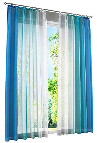 LiYa 2 Stück Gardinen mit Farbverlauf Design Vorhang Voile Transparent Dekoschal (BxH 140x245cm, Blau mit Kräuselband)
