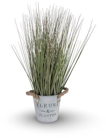 BURI Künstliches Gras 42cm Kunstgras Dekogras hoch Grashalme Kunstpflanze Zimmerpflanze Blumentopf Fake Plant Küchendeko künstliche Pflanze mit Topf aus Metall Deko Grünpflanze Kunstpflanzen wie echt