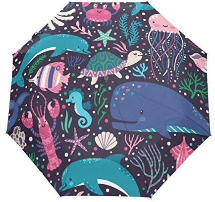 Jeansame Regenschirm, Motiv: Schildkröte, Delfin, Quallen, Seestern, Ozean, Meer, Wasserleben, faltbar, kompakt, automatisch, für Damen, Herren, Kinder, Jungen, Mädchen, multi, auto open close
