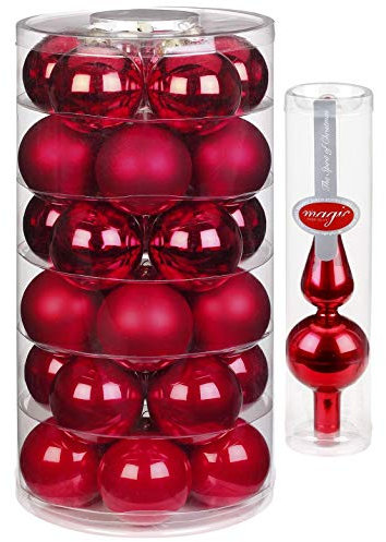 Inge Glas Weihnachtskugeln | 30 Kugeln & Spitze | Christbaumkugeln Baumspitze (Ruby Red Spitze rot)