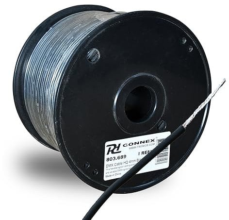 PD Connex RX52 DMX Signal Cable Reel 100m - Professional 4mm Black XLR Lighting Cable Roll for DJ, Disco, Stage Equipment