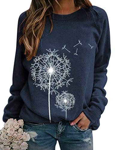 Dresswel Damen Löwenzahn Sweatshirt Langarmshirt Pusteblume Drucken Pullover Herbst Winter Bluse Tops Oberteile(Navy,M)